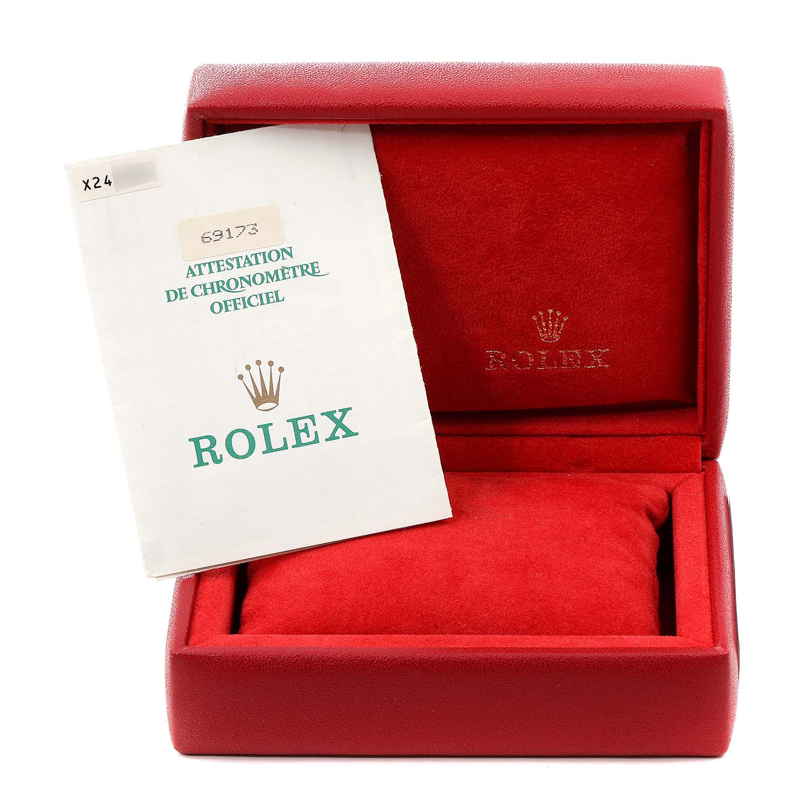 The image shows a red Rolex watch box with a certification booklet for the Rolex Datejust 69173 Women's Steel and Gold (two tone) Champagne Dial 69173 Women's Steel and Gold (two tone) Champagne Dial model.