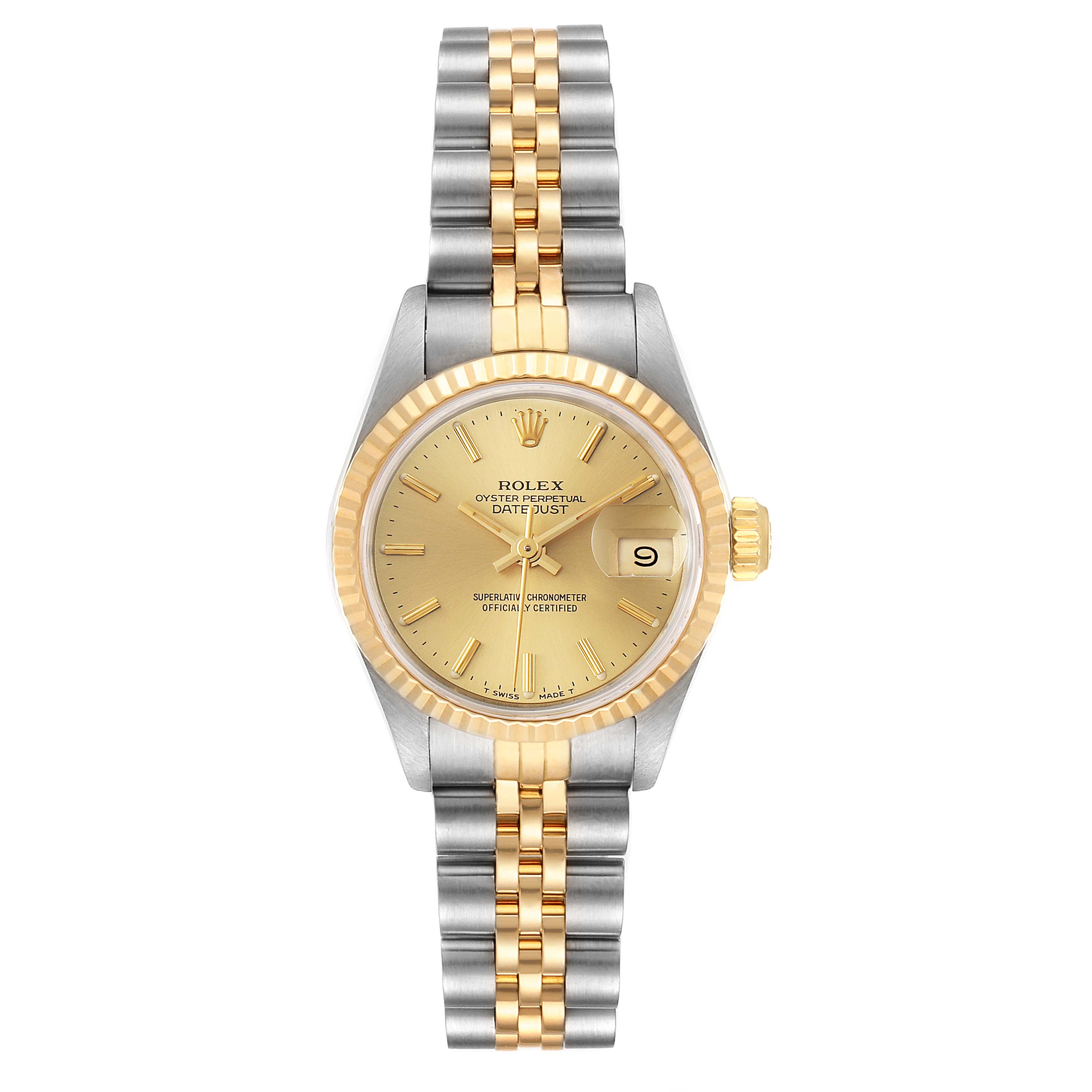 This Rolex Datejust 69173 Women's Steel and Gold (two tone) Champagne Dial 69173 Women's Steel and Gold (two tone) Champagne Dial watch is shown from a front angle, highlighting its face, bezel, and two-tone bracelet.
