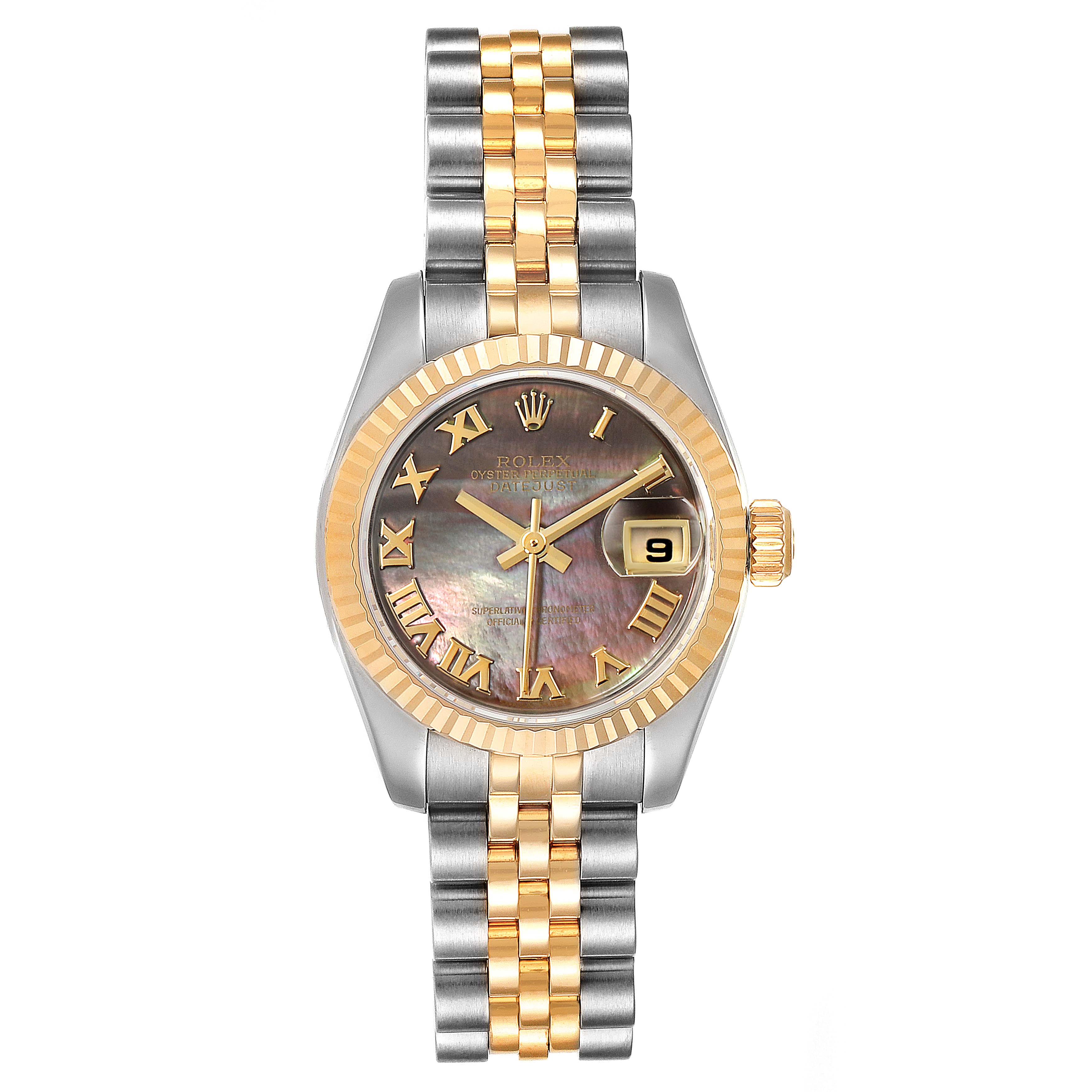 The image shows the Rolex Datejust 179173 Women's Steel and Gold (two tone) Mother of Pearl Dial 179173 Women's Steel and Gold (two tone) Mother of Pearl Dial watch from a frontal angle, highlighting its dial, bezel, and bracelet.