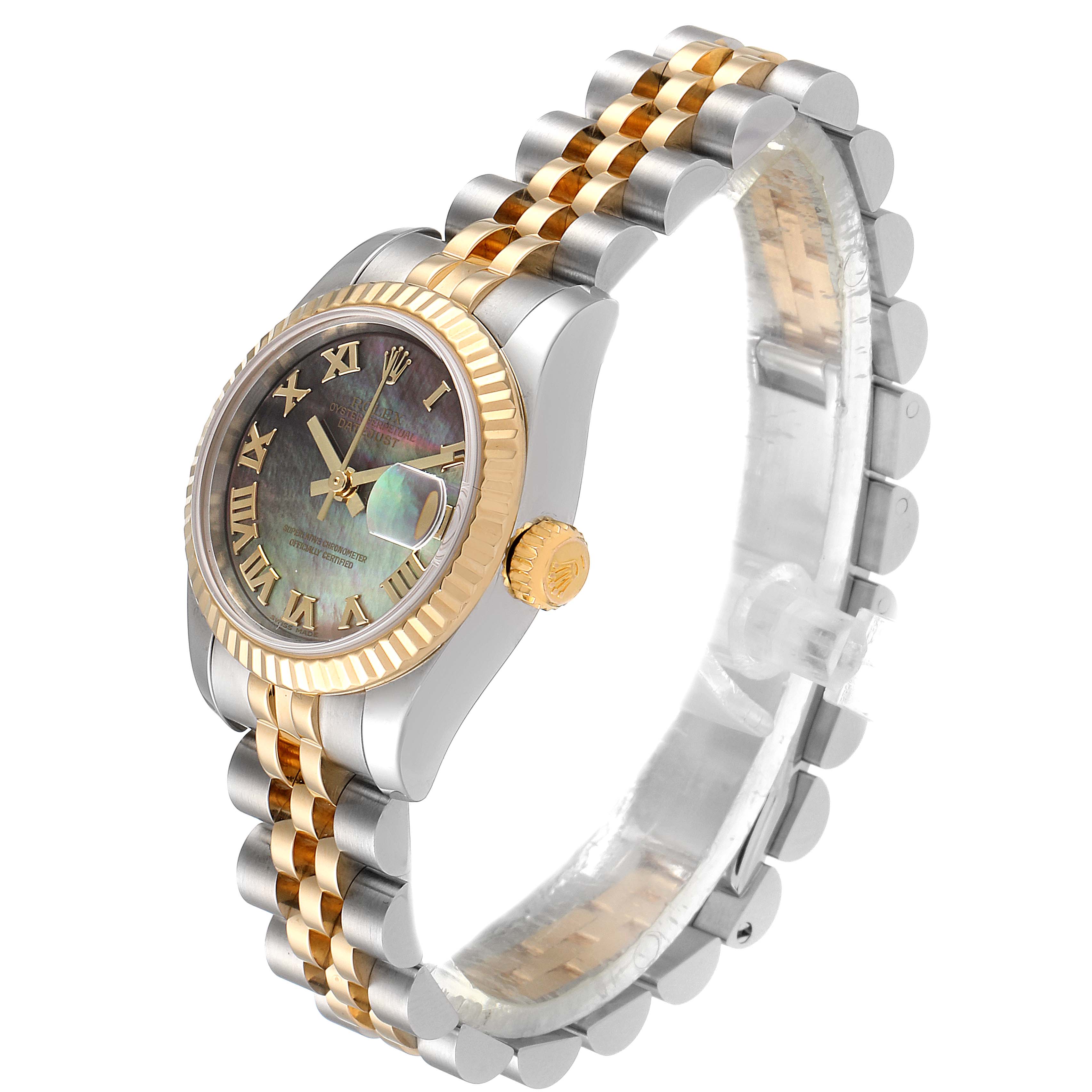 The image shows a Datejust model by Rolex at an angled side view, highlighting the bezel, dial, crown, and two-tone bracelet.