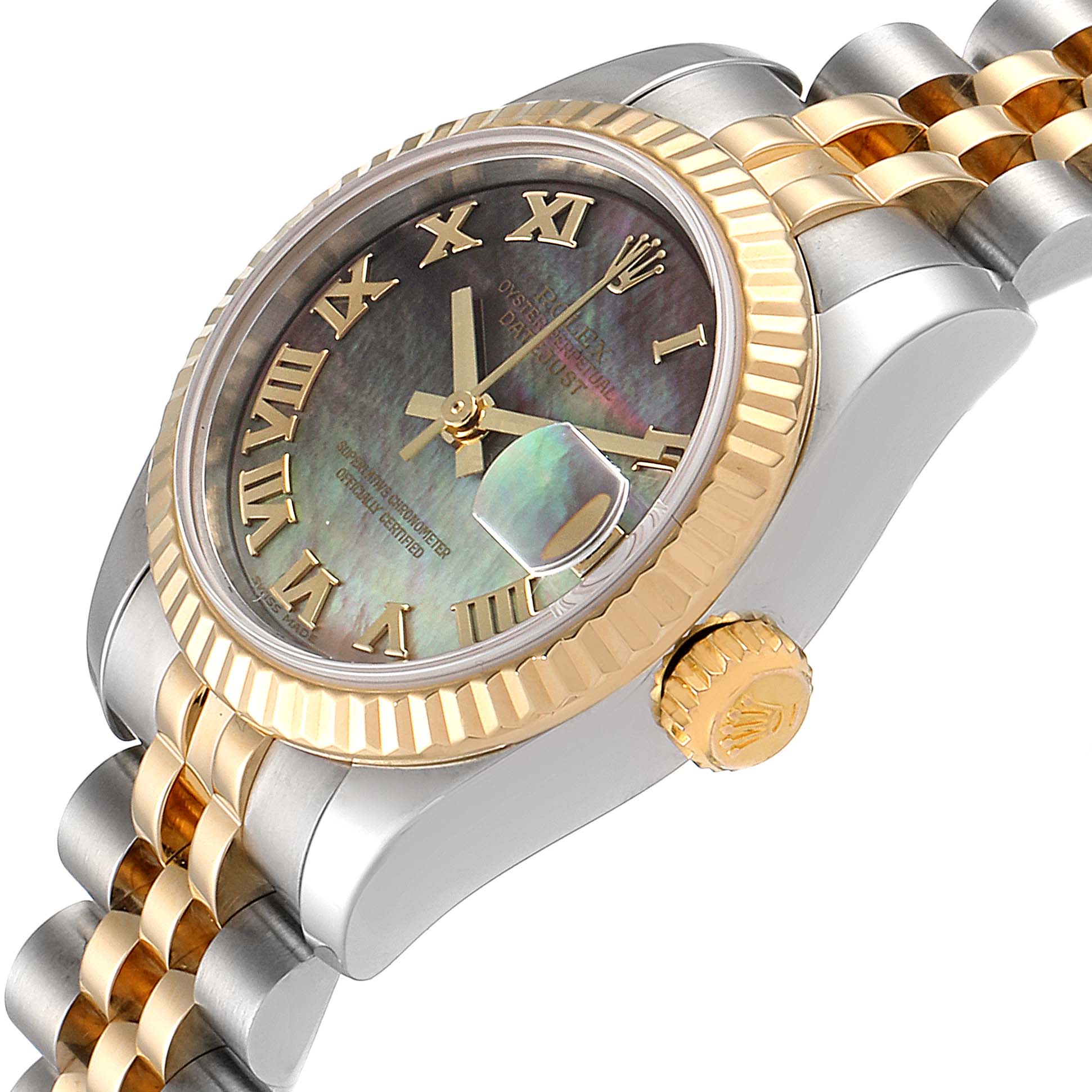The image shows a side angle of a Rolex Datejust 179173 Women's Steel and Gold (two tone) Mother of Pearl Dial 179173 Women's Steel and Gold (two tone) Mother of Pearl Dial watch highlighting its crown, bezel, and part of the bracelet.