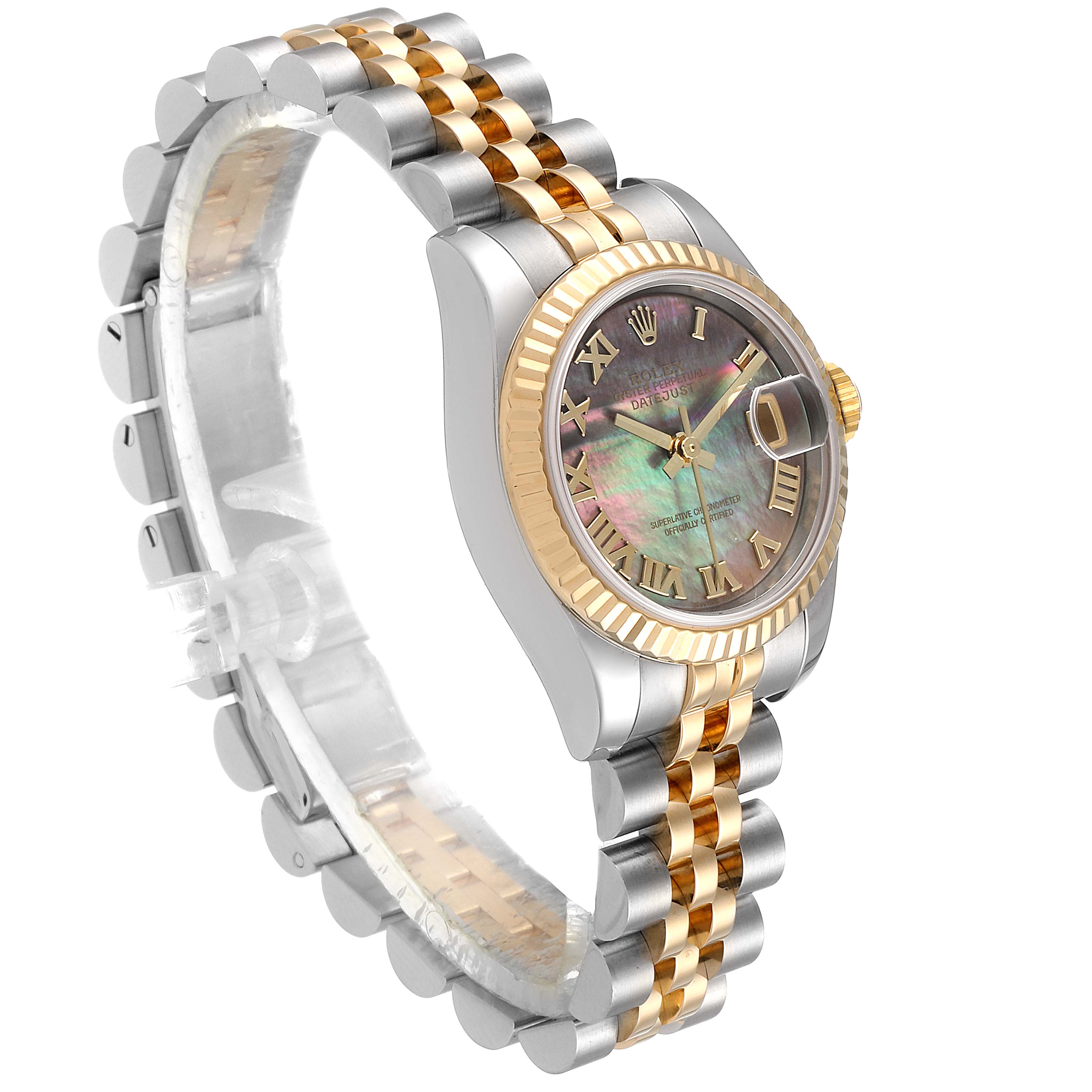 This image shows a Rolex Datejust 179173 Women's Steel and Gold (two tone) Mother of Pearl Dial 179173 Women's Steel and Gold (two tone) Mother of Pearl Dial watch at a slight angle, highlighting its dial, bezel, and two-tone bracelet.