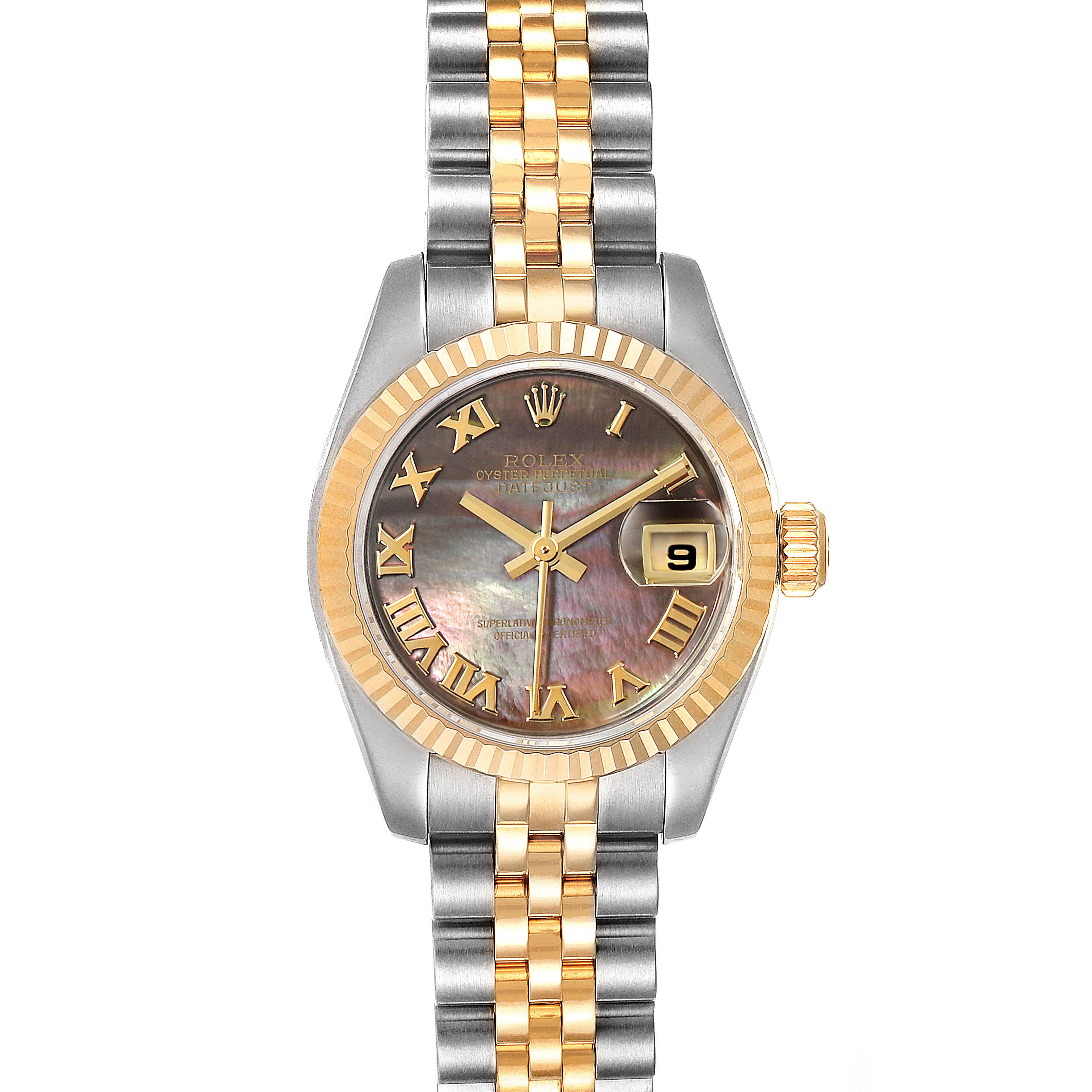 This Rolex Datejust 179173 Women's Steel and Gold (two tone) Mother of Pearl Dial 179173 Women's Steel and Gold (two tone) Mother of Pearl Dial watch is shown from a top-down view, displaying its face, bezel, crown, and two-tone bracelet.