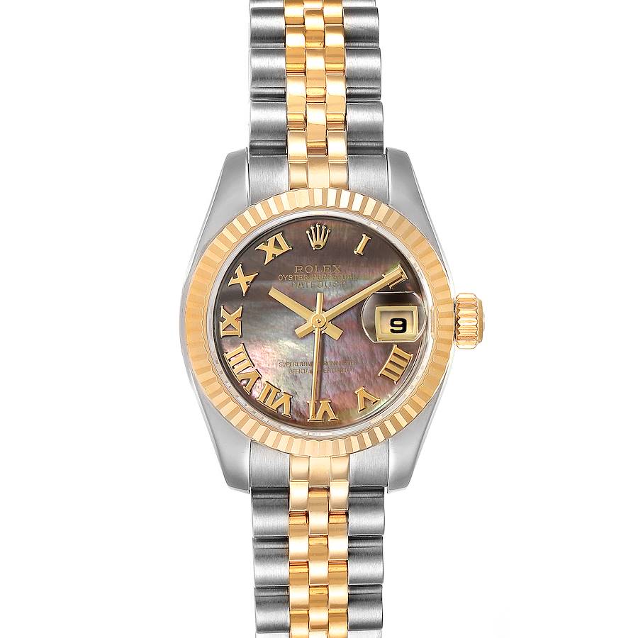 This Rolex Datejust 179173 Women's Steel and Gold (two tone) Mother of Pearl Dial 179173 Women's Steel and Gold (two tone) Mother of Pearl Dial watch is shown from a top-down view, displaying its face, bezel, crown, and two-tone bracelet.