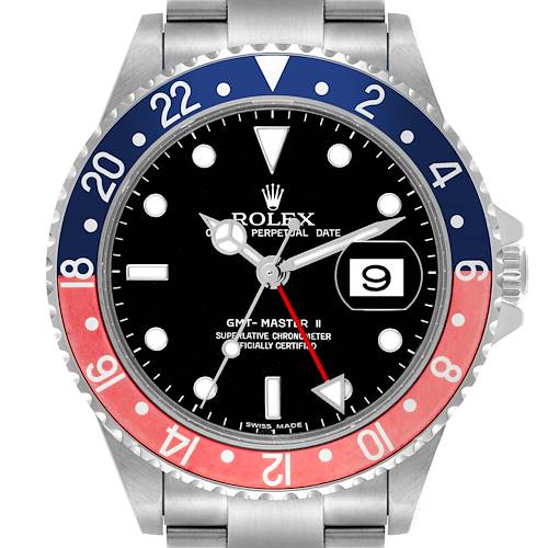 The Rolex GMT-Master 16710 Men's Stainless Steel Black Dial 16710 Men's Stainless Steel Black Dial watch is shown front-on, highlighting the bezel, dial, and date window.