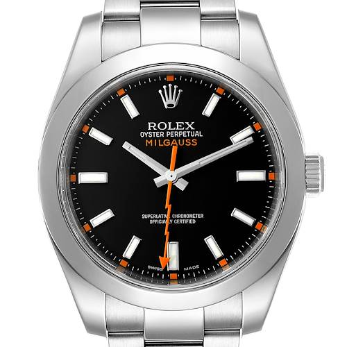 This image shows a front view of the Rolex Milgauss 116400 Men's Stainless Steel Black Dial 116400 Men's Stainless Steel Black Dial watch, highlighting the black dial, orange markers, and stainless steel bracelet.