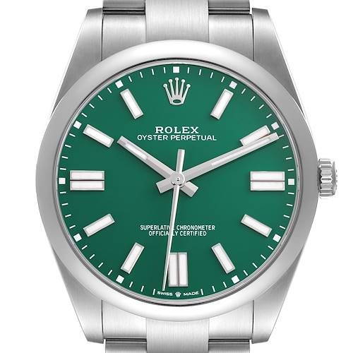 The Rolex Oyster Perpetual 124300 Men's Stainless Steel Green Dial 124300 Men's Stainless Steel Green Dial watch is shown from the front, displaying the green dial, hour markers, hands, case, and part of the bracelet.