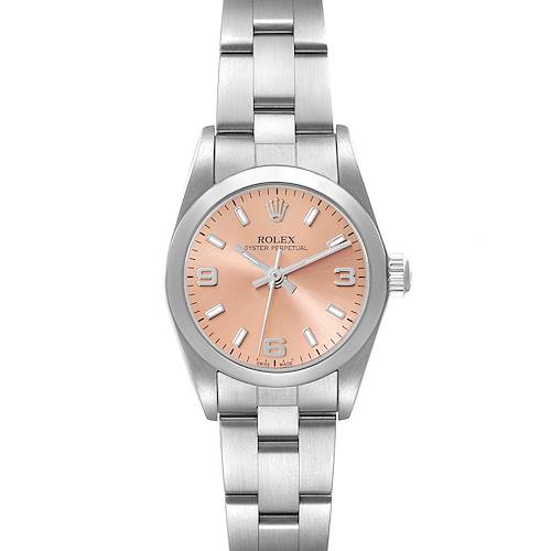 This image shows a front view of the Rolex Oyster Perpetual 76080 Women's Stainless Steel Orange Dial 76080 Women's Stainless Steel Orange Dial watch, highlighting its peach dial and stainless steel bracelet.