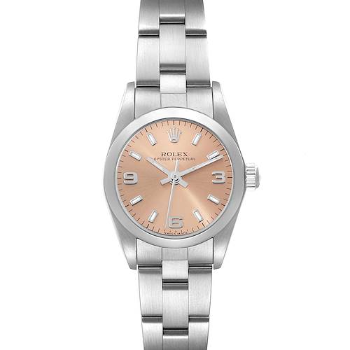 This image shows a frontal view of a Rolex Oyster Perpetual 76080 Women's Stainless Steel Orange Dial 76080 Women's Stainless Steel Orange Dial watch, displaying its face, bezel, and bracelet.