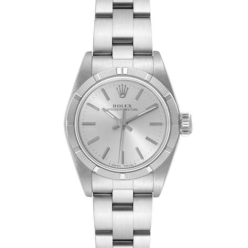 This image shows a frontal view of a Rolex Oyster Perpetual 67230 Women's Stainless Steel Silver Dial 67230 Women's Stainless Steel Silver Dial watch, showcasing its dial, bezel, and bracelet.