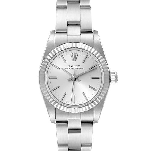 The image shows a front view of a Rolex Oyster Perpetual 76094 Women's Stainless Steel Silver Dial 76094 Women's Stainless Steel Silver Dial watch, including its dial, bezel, bracelet, and crown.
