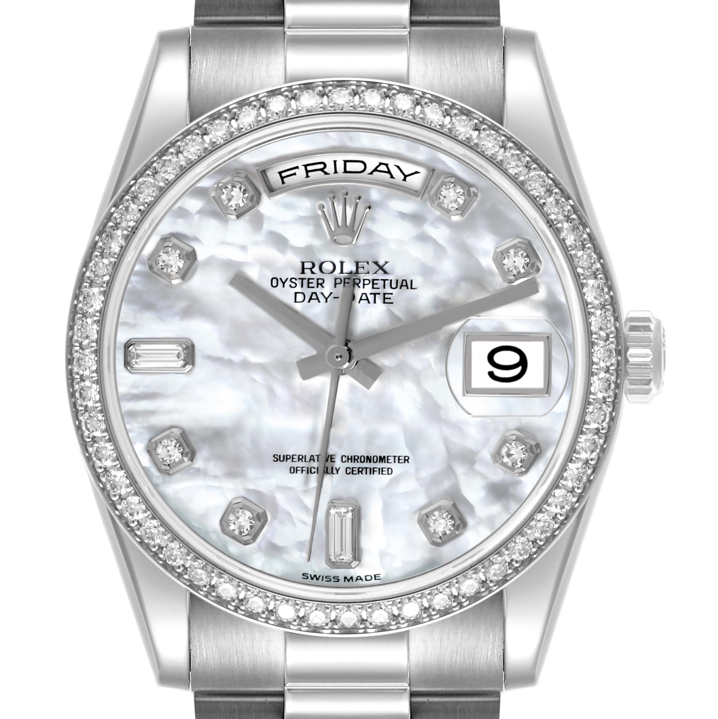 The Rolex President 118346NG Men's Platinum Mother of Pearl Dial 118346NG Men's Platinum Mother of Pearl Dial watch is shown from the front, highlighting its face, bezel, dial, and partial bracelet.