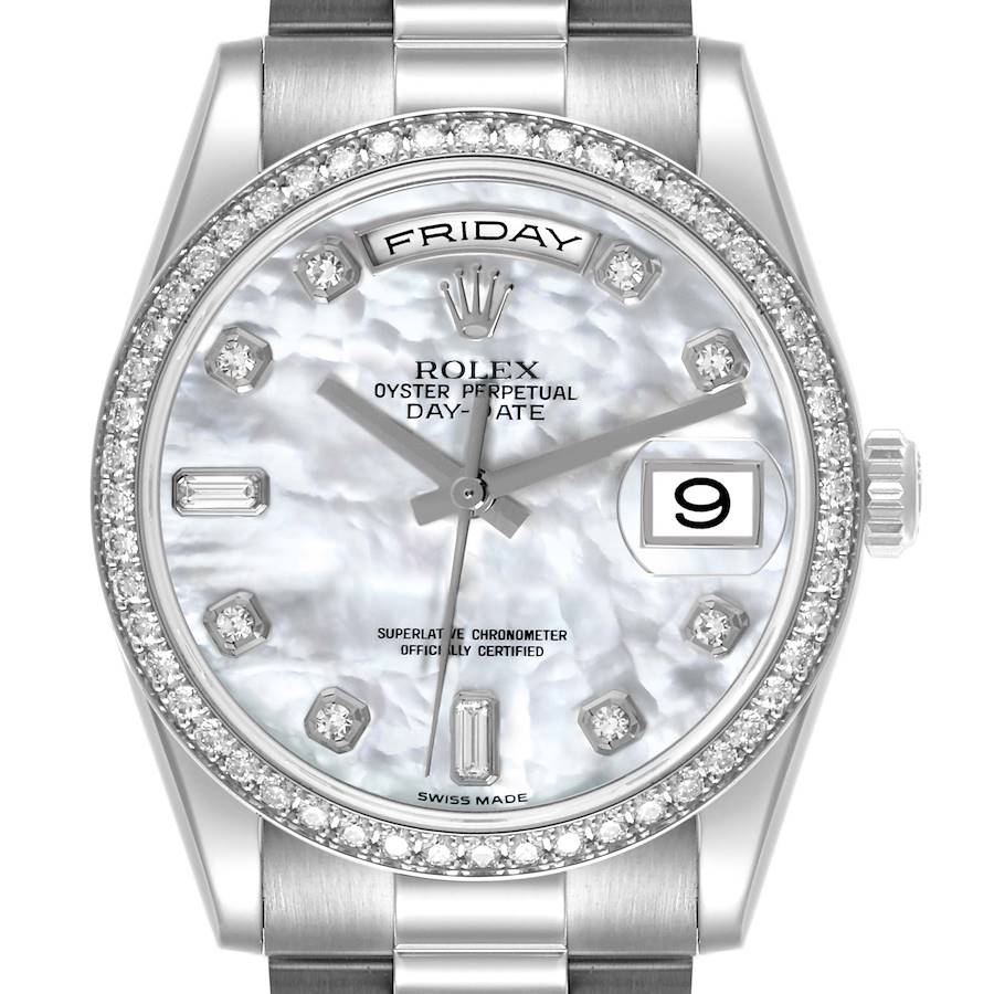 The Rolex President 118346NG Men's Platinum Mother of Pearl Dial 118346NG Men's Platinum Mother of Pearl Dial watch is shown from the front, highlighting its face, bezel, dial, and partial bracelet.
