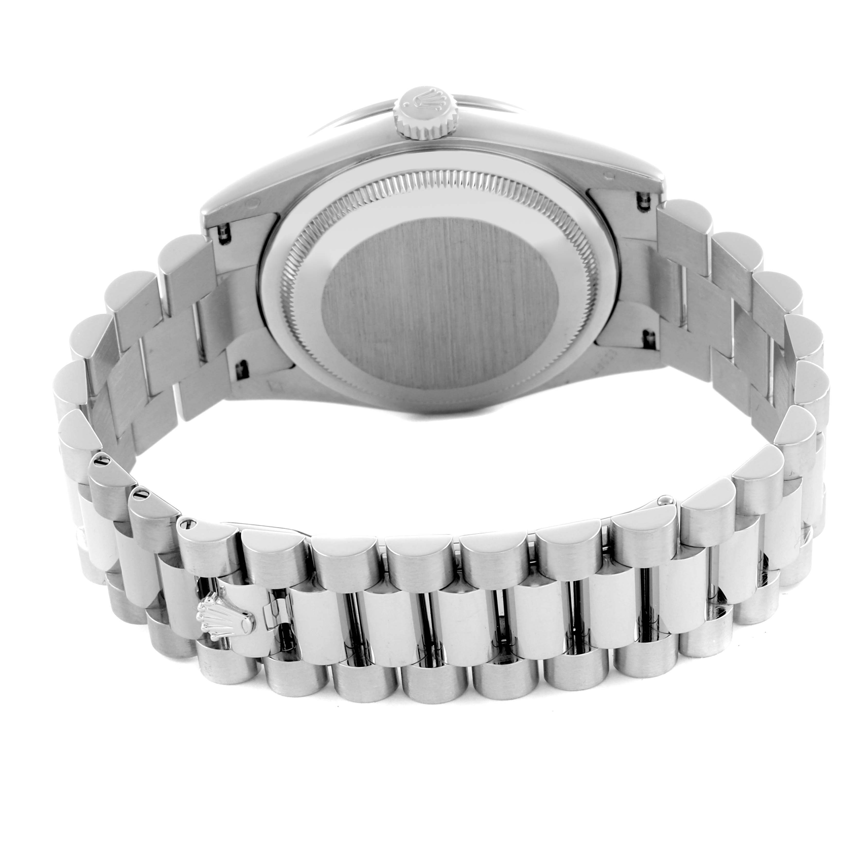 The image shows the back of a Rolex President 118346NG Men's Platinum Mother of Pearl Dial 118346NG Men's Platinum Mother of Pearl Dial model watch, highlighting the bracelet and case back.