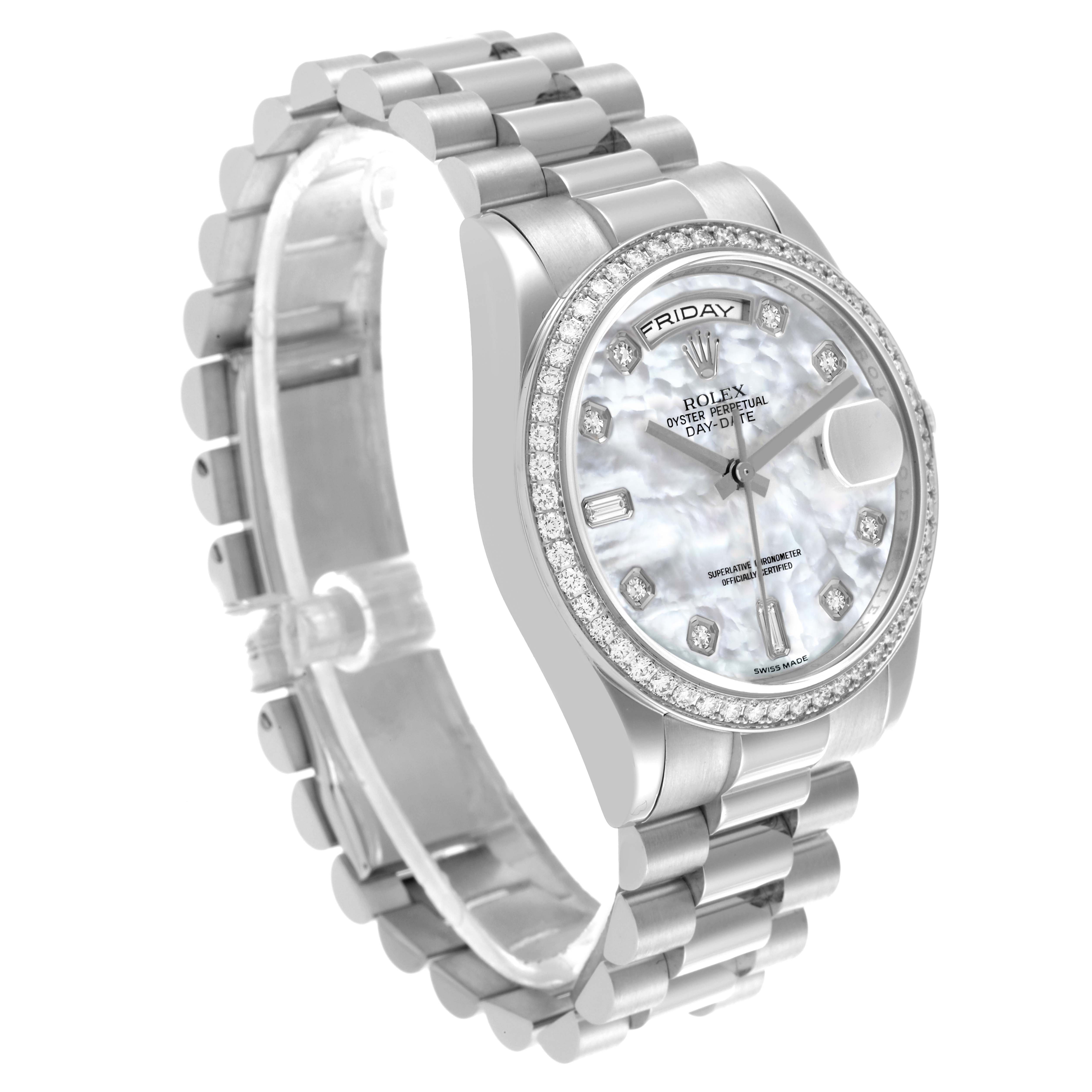 The Rolex President 118346NG Men's Platinum Mother of Pearl Dial 118346NG Men's Platinum Mother of Pearl Dial watch is shown from a slightly tilted angle, highlighting the bezel, dial, and bracelet.