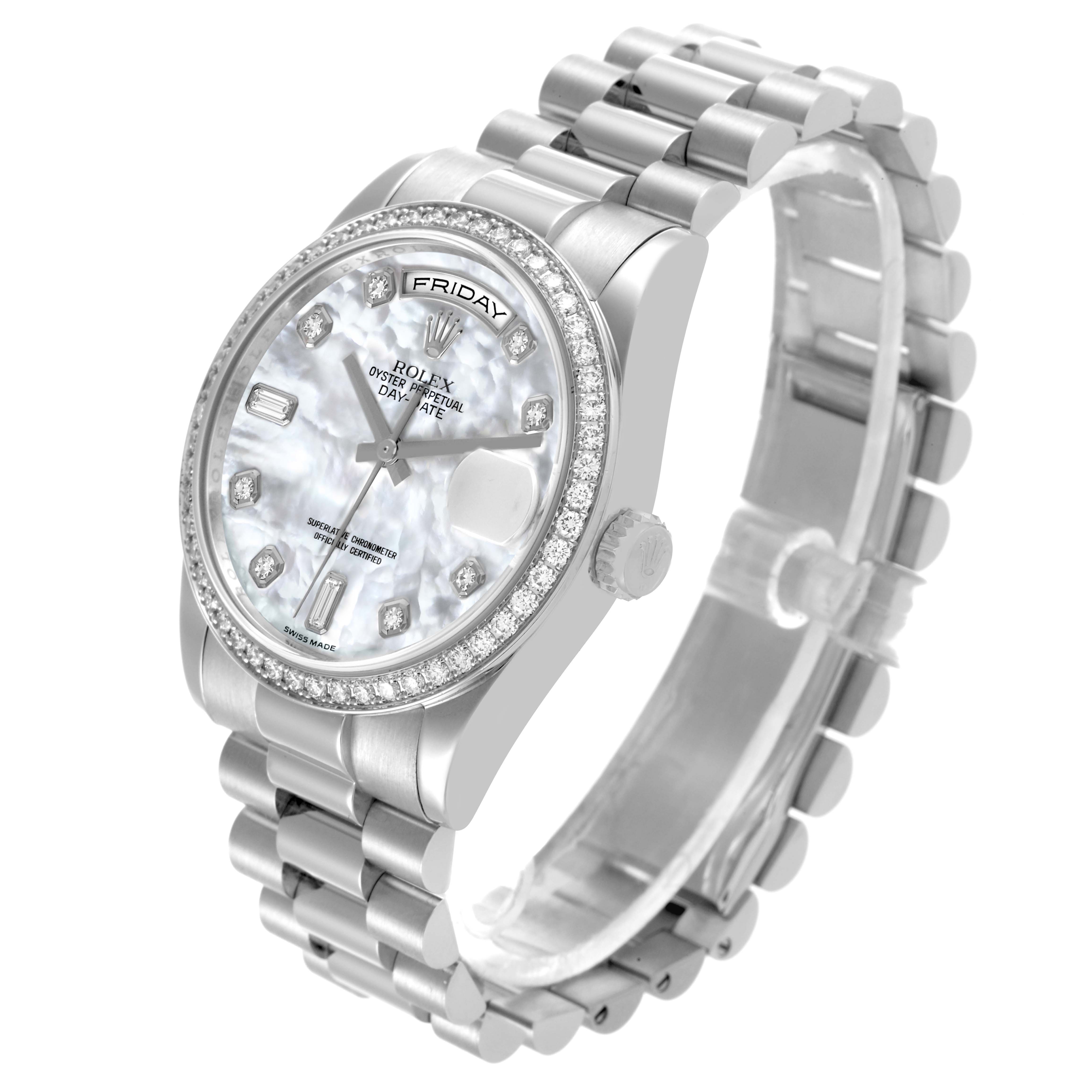 The Rolex President 118346NG Men's Platinum Mother of Pearl Dial 118346NG Men's Platinum Mother of Pearl Dial model is shown at an angle highlighting the dial, bezel, crown, and part of the bracelet.