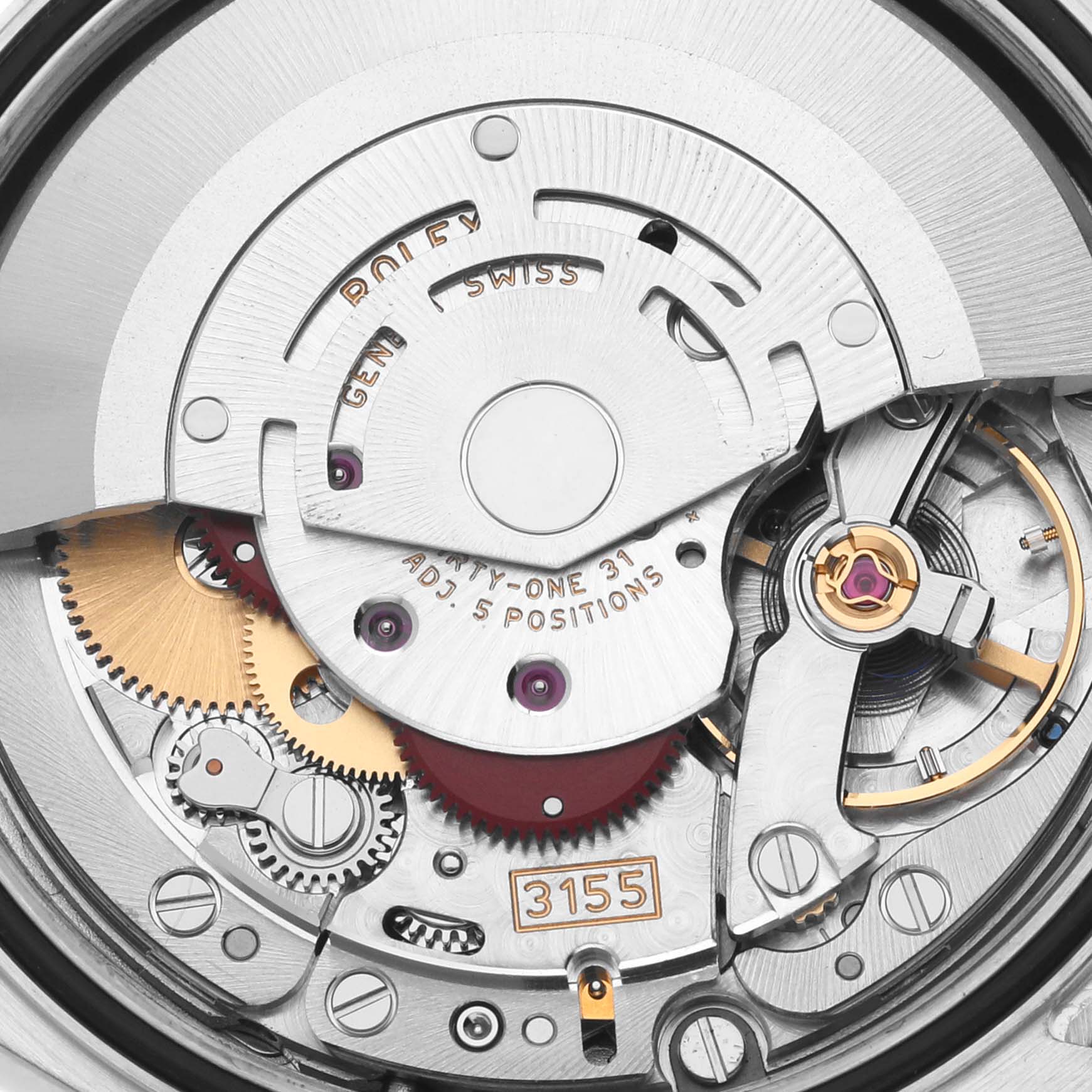 The image shows the intricate movement of a Rolex President 118346NG Men's Platinum Mother of Pearl Dial 118346NG Men's Platinum Mother of Pearl Dial model watch from the back side.
