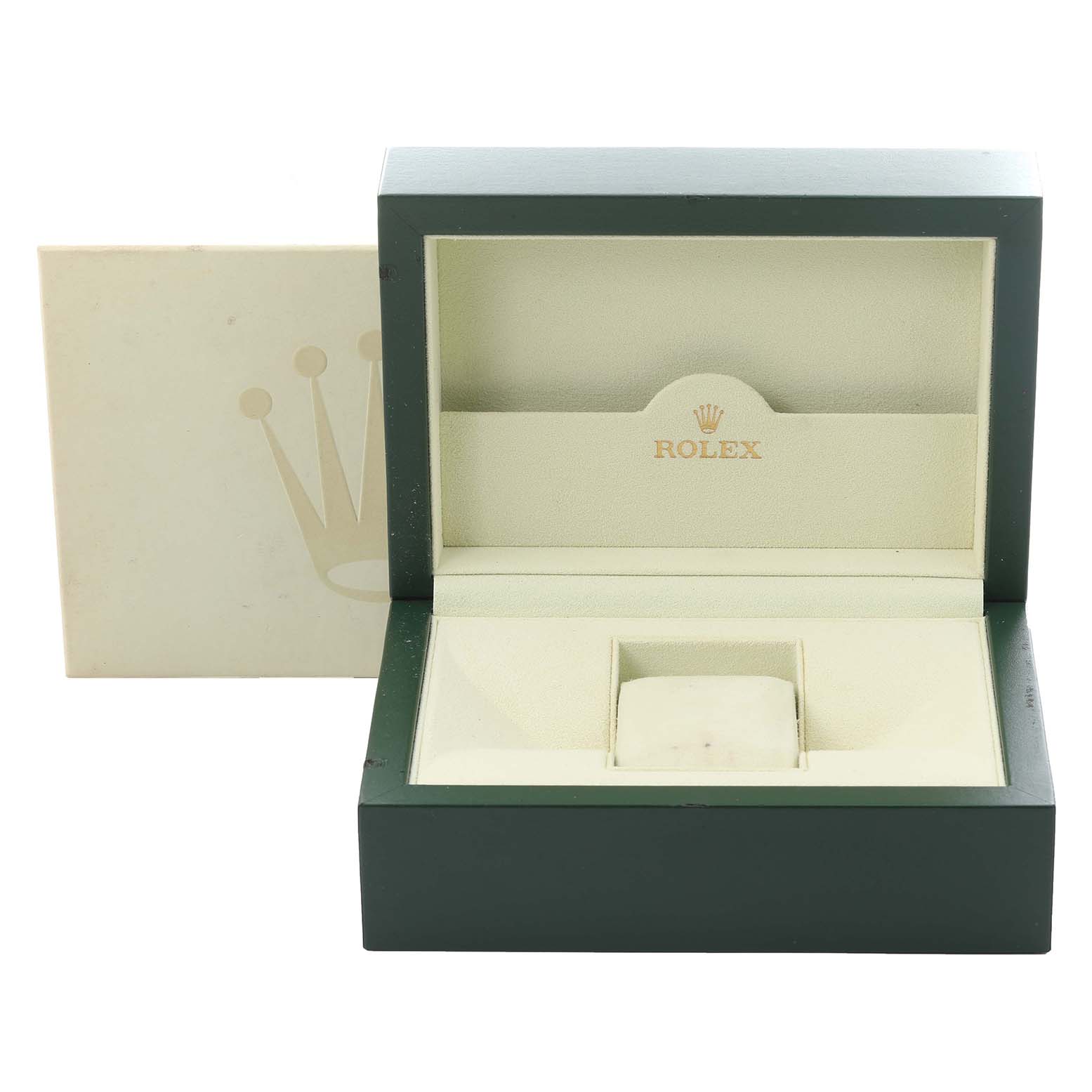 The image shows a Rolex presentation box for a President model, open, displaying the interior with no watch inside.