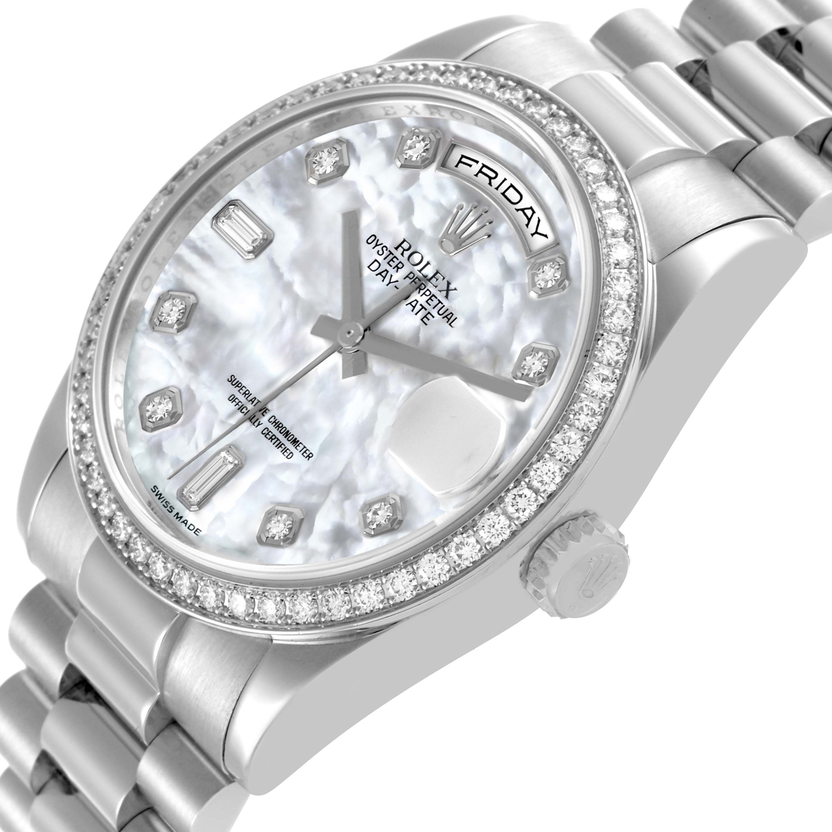 The image shows a side angle of the Rolex President 118346NG Men's Platinum Mother of Pearl Dial 118346NG Men's Platinum Mother of Pearl Dial watch, highlighting its bezel, bracelet, and crown.