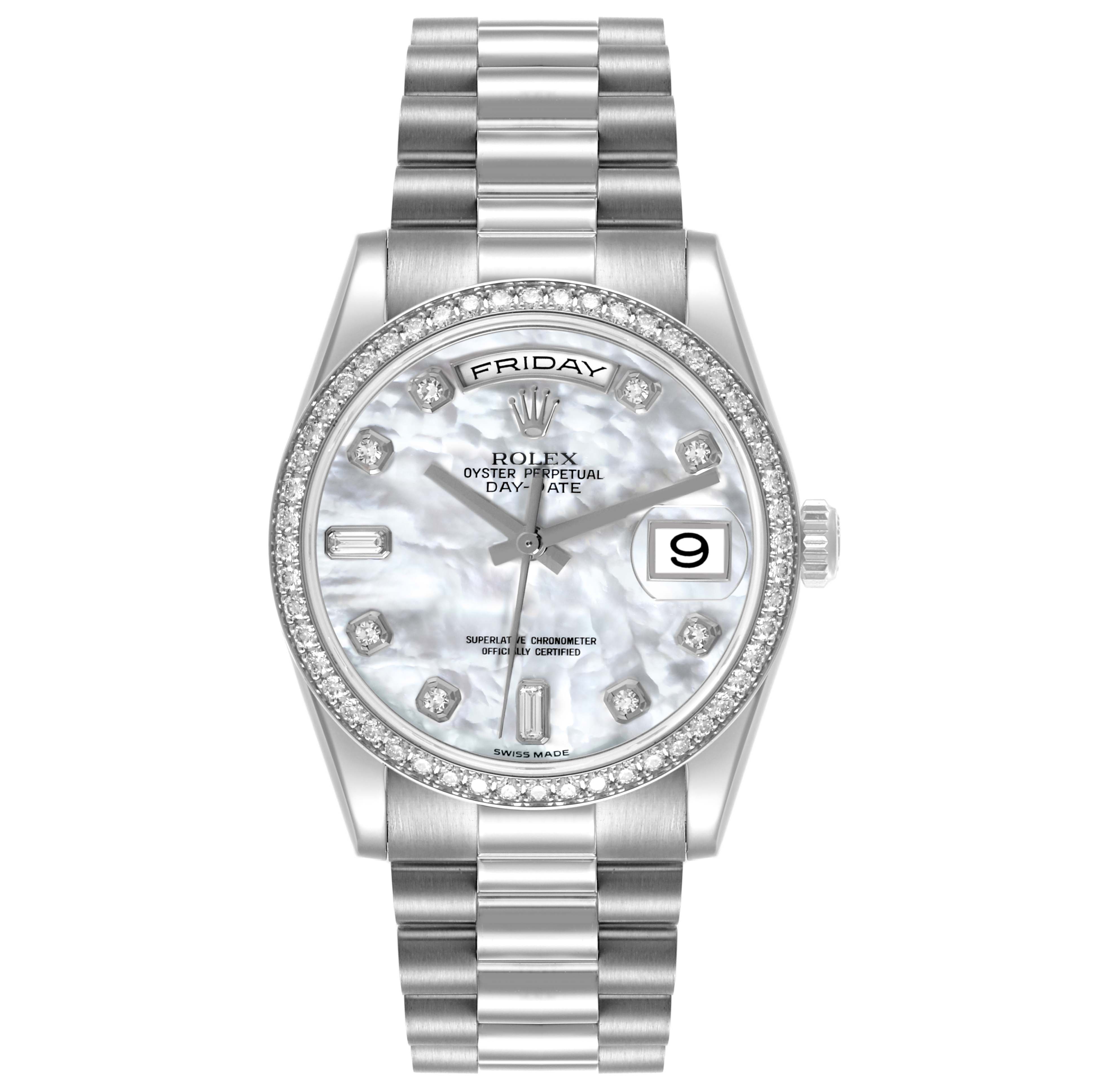 The Rolex President 118346NG Men's Platinum Mother of Pearl Dial 118346NG Men's Platinum Mother of Pearl Dial model watch is shown from the front, highlighting the dial, bezel, and bracelet.