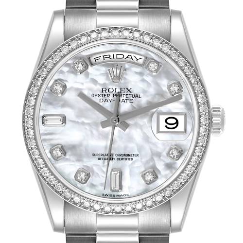 The Rolex President 118346NG Men's Platinum Mother of Pearl Dial 118346NG Men's Platinum Mother of Pearl Dial model is shown from the front, featuring the face, bezel, and partial bracelet.