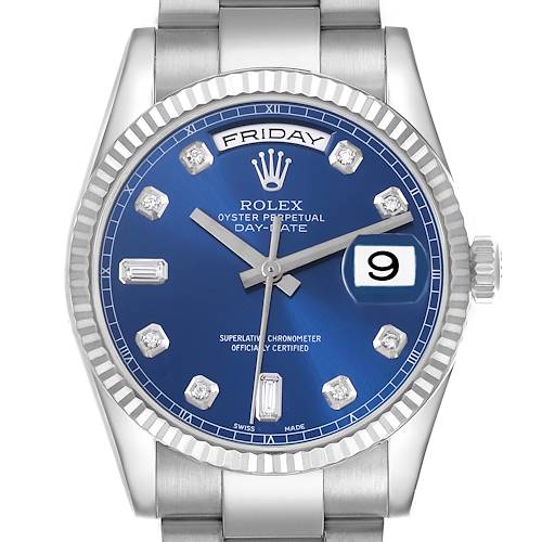 The Rolex President 118239 Men's White Gold Blue Dial 118239 Men's White Gold Blue Dial model is shown from the front, displaying the dial, hands, day, date windows, bezel, and part of the bracelet.
