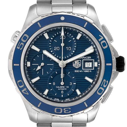 This image shows a front view of an Aquaracer watch by Tag Heuer, displaying the bezel, dial, subdials, and date window.