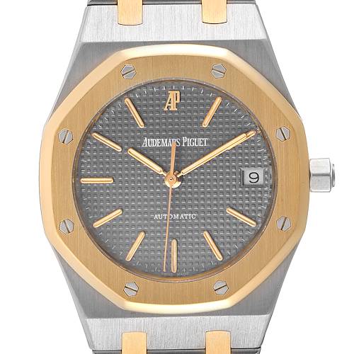 This image shows a front view of the Audemars Piguet Royal Oak 14790SA.OO.0789SA.01 Men's Steel and Gold (two tone) Grey Dial 14790SA.OO.0789SA.01 Men's Steel and Gold (two tone) Grey Dial watch, showcasing its octagonal bezel, dial, and crown.