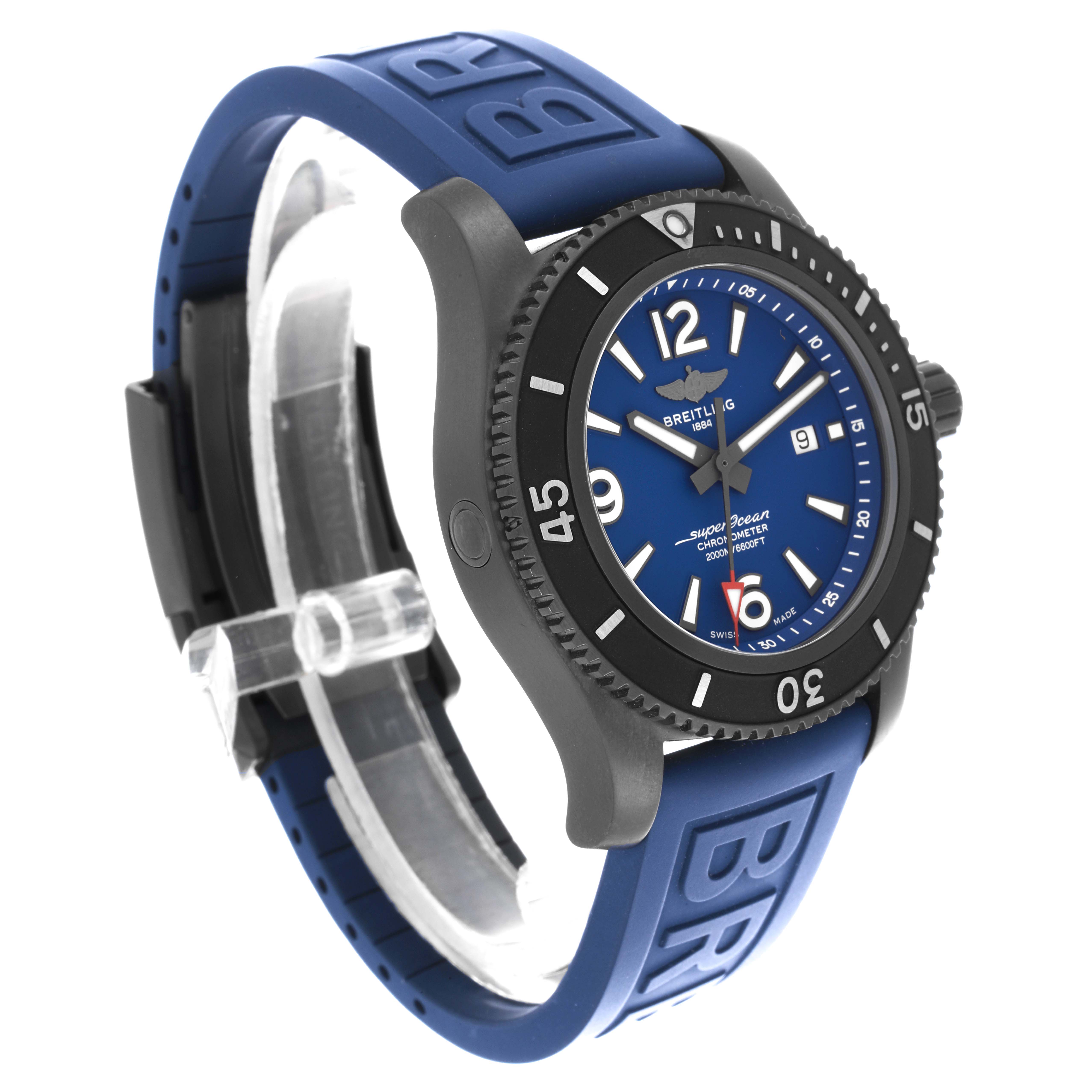 The Breitling Superocean M17368 Men's Stainless Steel Blue Dial M17368 Men's Stainless Steel Blue Dial watch is shown at an angle displaying the face, bezel, crown, and blue rubber strap.