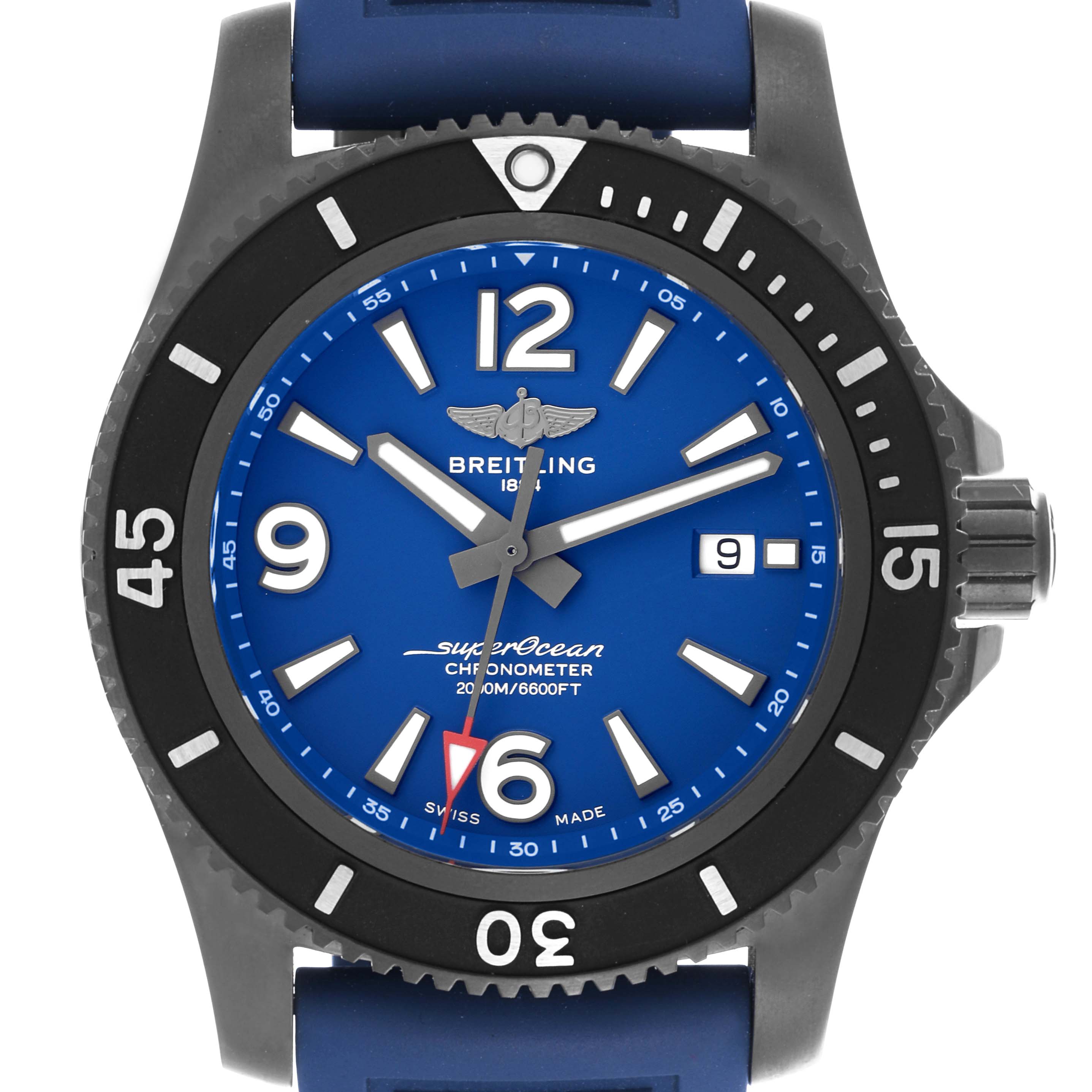 The Breitling Superocean M17368 Men's Stainless Steel Blue Dial M17368 Men's Stainless Steel Blue Dial watch is shown from the front, displaying its blue dial, rotating bezel, and date window.