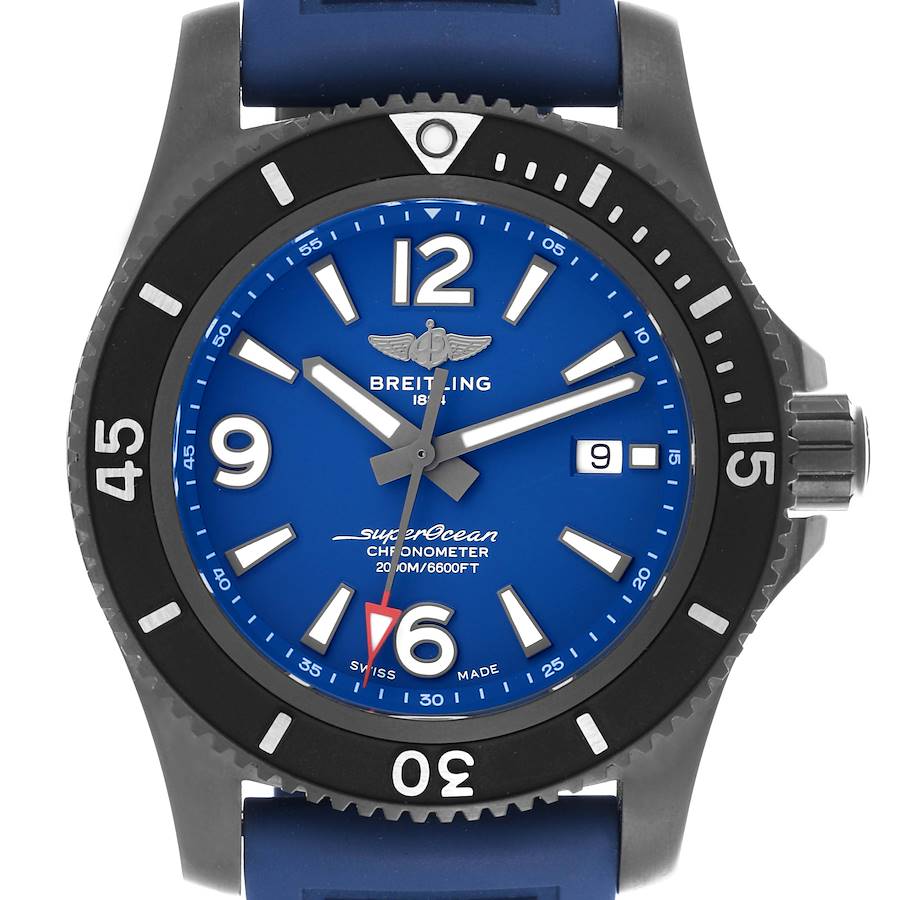 The Breitling Superocean M17368 Men's Stainless Steel Blue Dial M17368 Men's Stainless Steel Blue Dial watch is shown from the front, displaying its blue dial, rotating bezel, and date window.