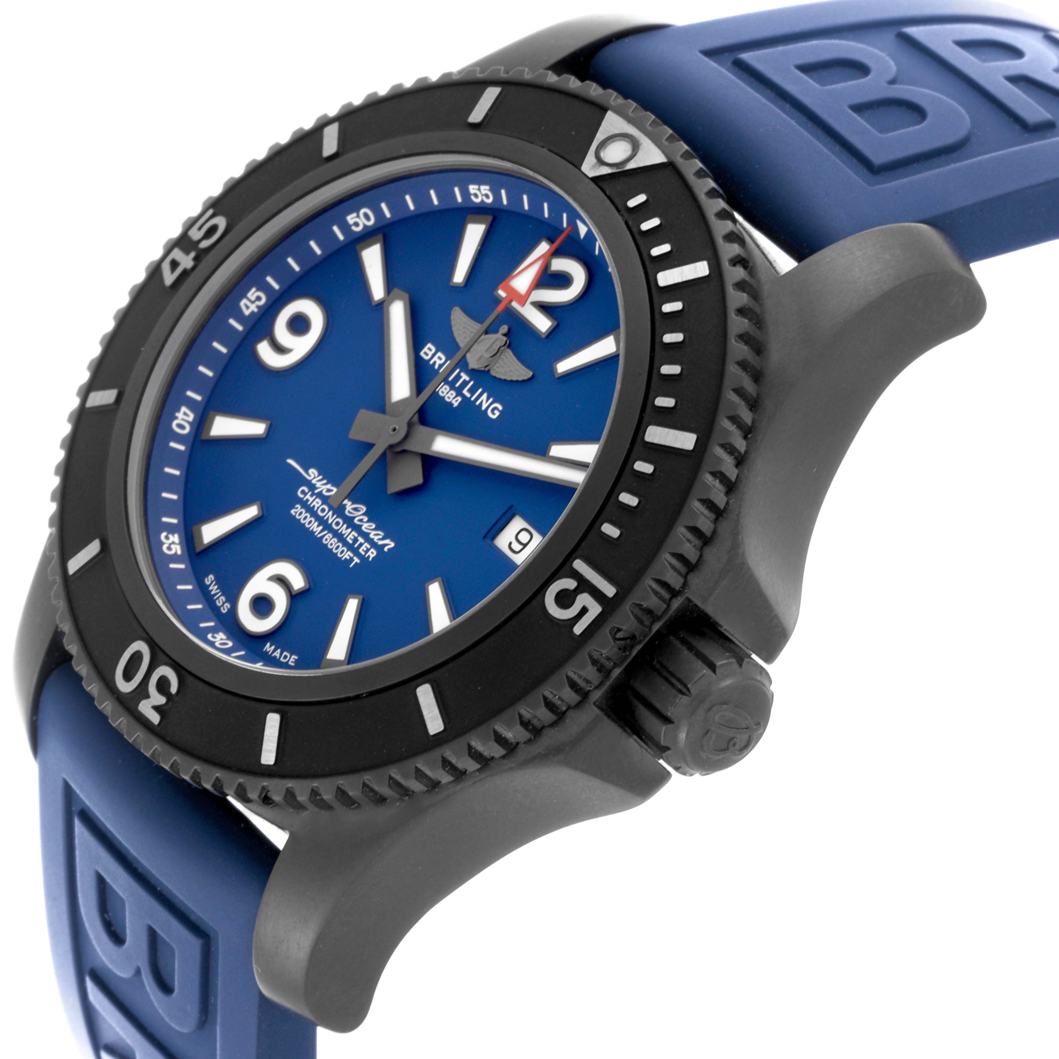 The Breitling Superocean M17368 Men's Stainless Steel Blue Dial M17368 Men's Stainless Steel Blue Dial watch is shown at an angled side view, highlighting its blue dial, black bezel, and blue strap.