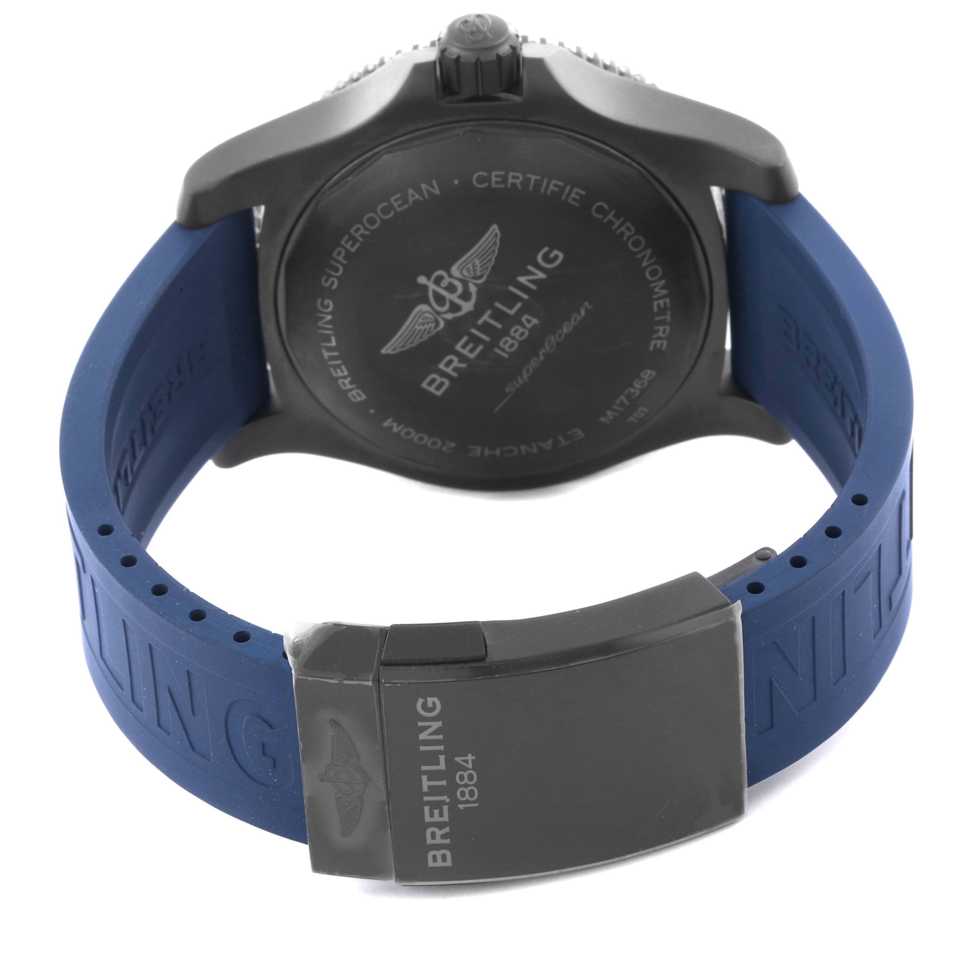 The image shows the back of the Breitling Superocean M17368 Men's Stainless Steel Blue Dial M17368 Men's Stainless Steel Blue Dial watch and its blue strap from a rear angle.