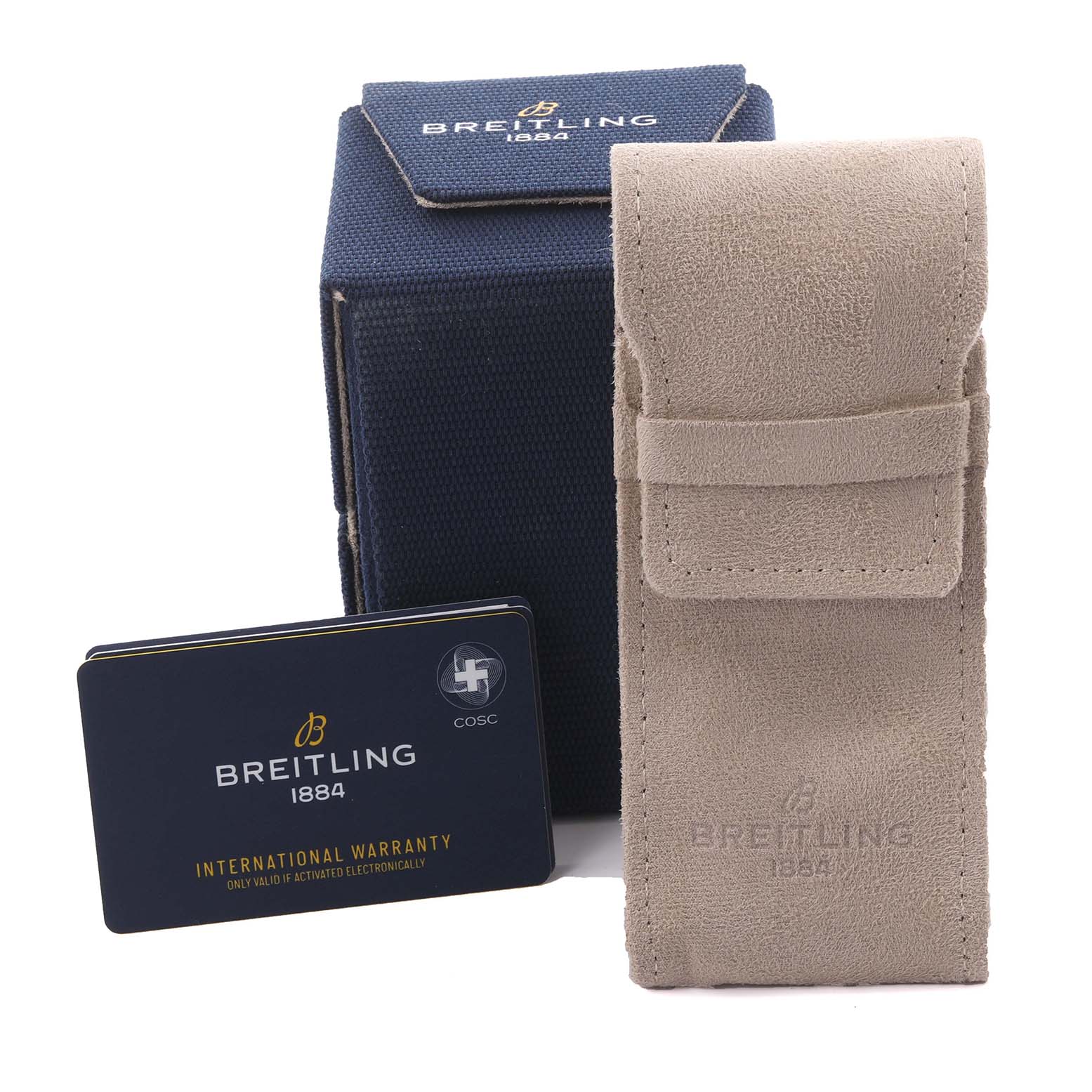 The image shows a Breitling Superocean M17368 Men's Stainless Steel Blue Dial M17368 Men's Stainless Steel Blue Dial watch box, pouch, and warranty card from a front angle.