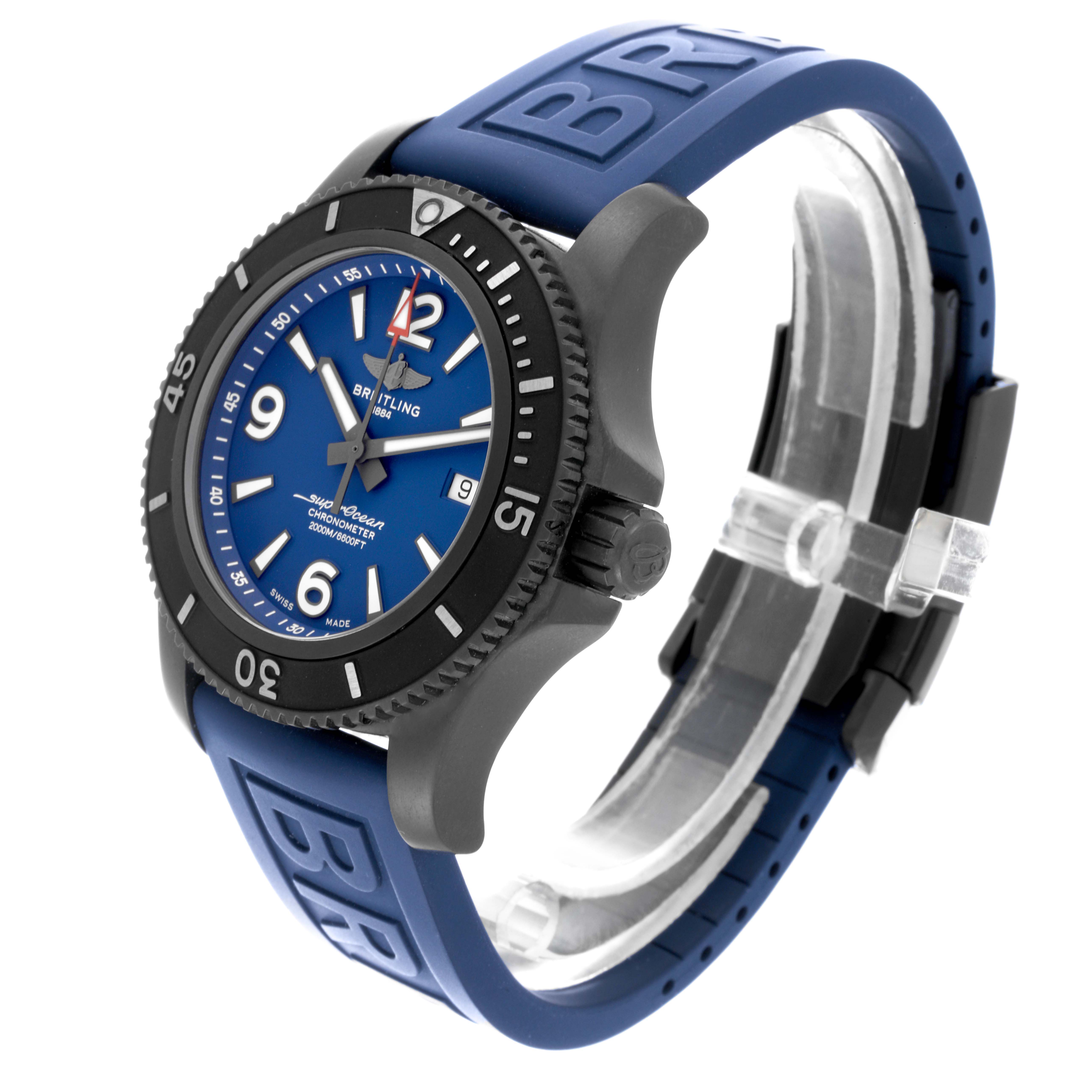 The image shows a Breitling Superocean M17368 Men's Stainless Steel Blue Dial M17368 Men's Stainless Steel Blue Dial watch at a three-quarter angle, highlighting the dial, bezel, and blue strap.