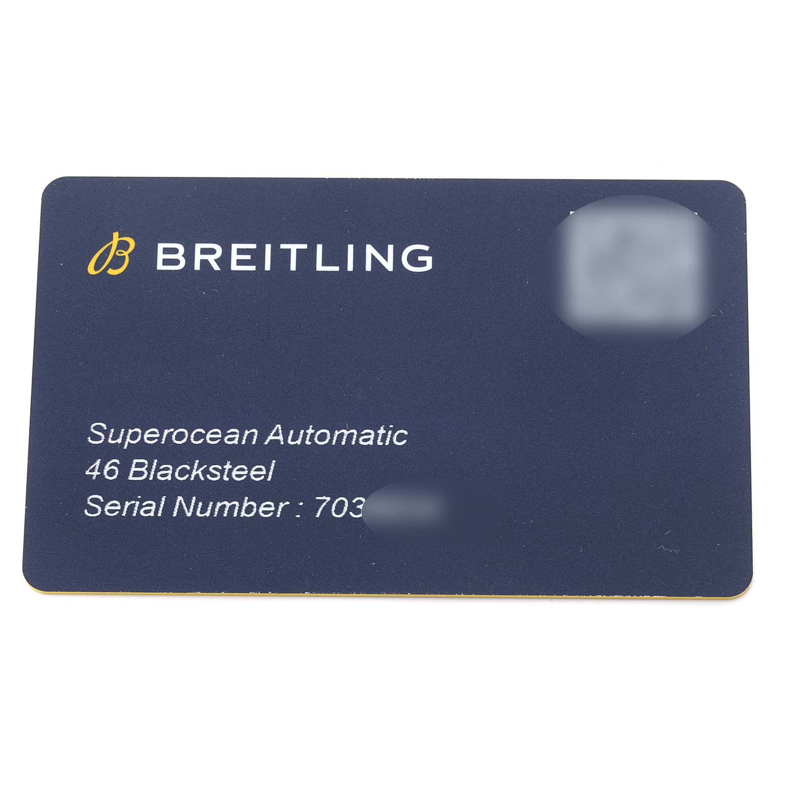 The image shows a Breitling Superocean M17368 Men's Stainless Steel Blue Dial M17368 Men's Stainless Steel Blue Dial Automatic warranty card with model and serial information.