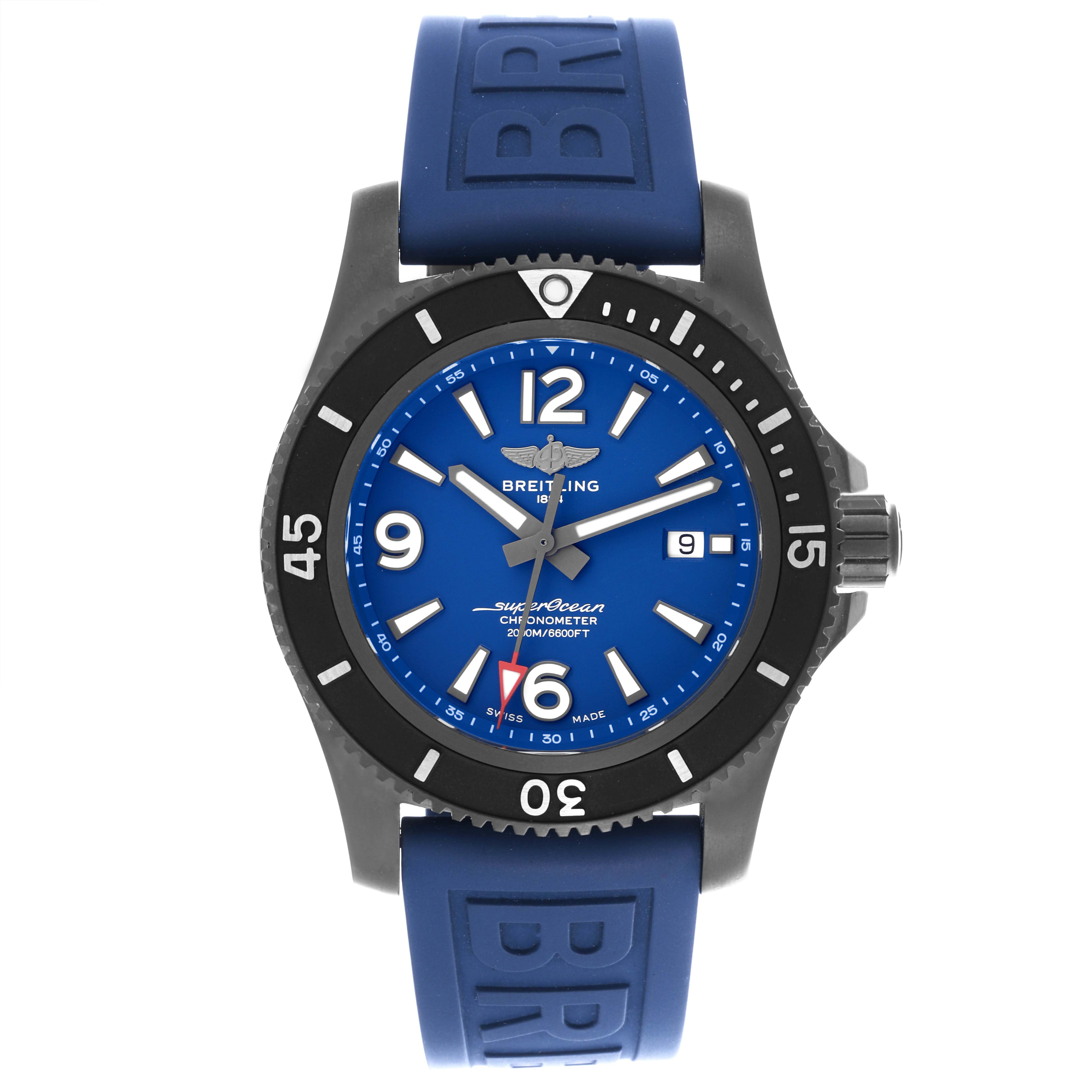 The Breitling Superocean M17368 Men's Stainless Steel Blue Dial M17368 Men's Stainless Steel Blue Dial watch is shown from the front, displaying its blue dial, bezel, and rubber strap.