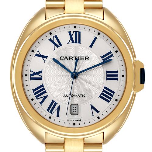 This is a front view of the Cartier Cle WGCL0003 Men's Yellow Gold Blue Dial WGCL0003 Men's Yellow Gold Blue Dial model watch, showcasing its dial, hands, and date window.