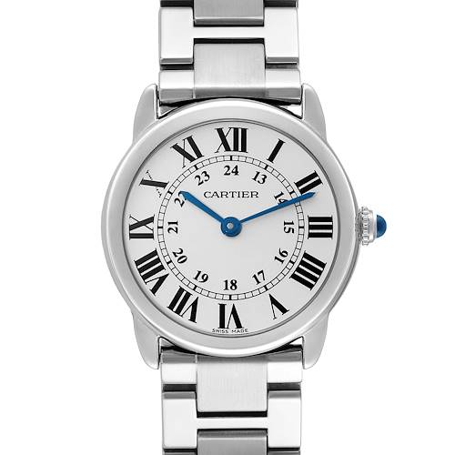 The image shows a front view of the Cartier Ronde W6701004 Women's Stainless Steel Silver Dial W6701004 Women's Stainless Steel Silver Dial watch, highlighting its roman numeral dial and metal bracelet.