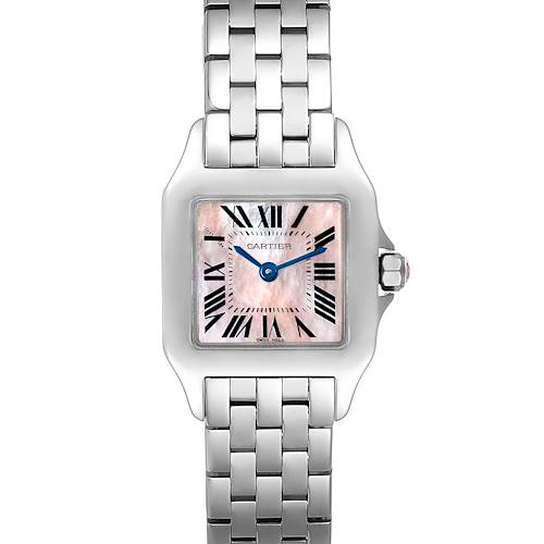 This image shows a frontal view of the Cartier Santos Demoiselle W25075Z5 Women's Stainless Steel Mother of Pearl Dial W25075Z5 Women's Stainless Steel Mother of Pearl Dial watch, displaying its square dial, bracelet, and crown.