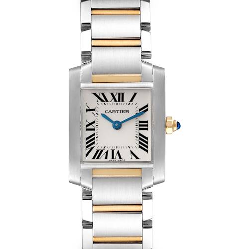 The image shows a front view of the Cartier Tank Française watch, highlighting its face, Roman numerals, blue hands, and two-tone metal strap.