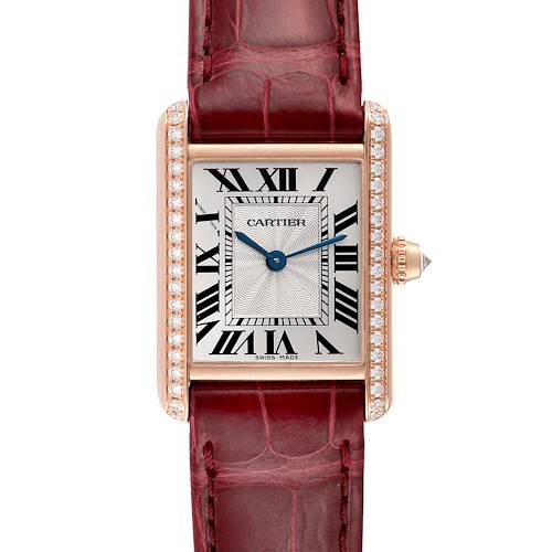 The image shows a front view of a Cartier Tank Louis WJTA0010 Women's Rose Gold Silver Dial WJTA0010 Women's Rose Gold Silver Dial watch with a rectangular dial, Roman numerals, and a red leather strap.