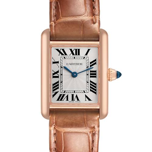 The Cartier Tank Louis WGTA0010 Women's Yellow Gold Silver Dial WGTA0010 Women's Yellow Gold Silver Dial watch is shown from the front, displaying the face, Roman numerals, hands, and alligator strap.