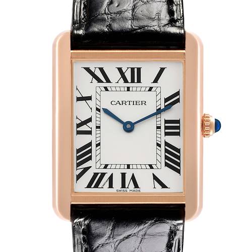 The image shows the Cartier Tank Solo W5200025 Men's Steel and Gold (two tone) Silver Dial W5200025 Men's Steel and Gold (two tone) Silver Dial watch face, case, lugs, and partial strap from a front angle.