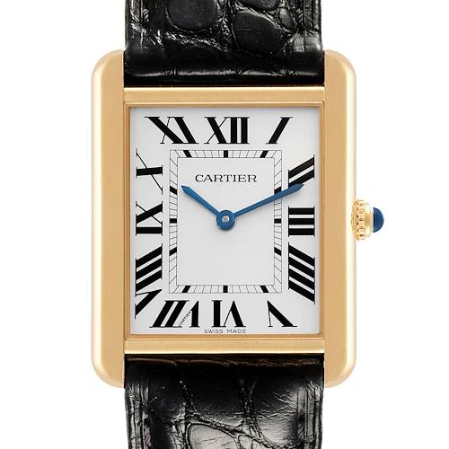 The Cartier Tank Solo W5200004 Men's Steel and Gold (two tone) Silver Dial W5200004 Men's Steel and Gold (two tone) Silver Dial watch is shown from the front with its rectangular face, Roman numerals, and leather strap.