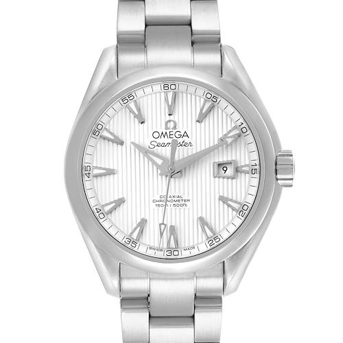 The Omega 231.10.34.20.04.001 Women's Stainless Steel Silver Dial 231.10.34.20.04.001 Women's Stainless Steel Silver Dial Aqua Terra 34 Ladies Watch is shown from a front angle, displaying the full face and bracelet.