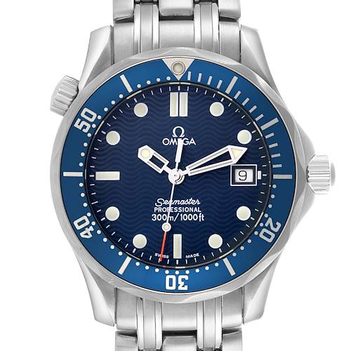 The Omega Seamaster 2561.80.00 Men's Stainless Steel Blue Dial 2561.80.00 Men's Stainless Steel Blue Dial watch is shown from the front, displaying the dial, bezel, and bracelet links.
