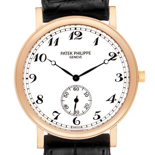 This image shows a front view of the Patek Philippe Calatrava 5022R Men's Rose Gold White Dial 5022R Men's Rose Gold White Dial watch, highlighting its dial, numerals, and black leather strap.