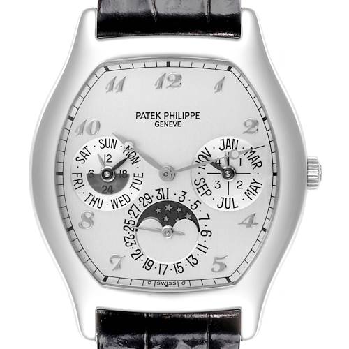 The Patek Philippe Complications 5040G Men's White Gold Silver Dial 5040G Men's White Gold Silver Dial watch is shown from the front, displaying its dial, subdials, and crown.