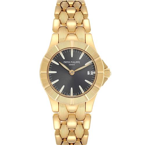 The Patek Philippe Neptune 4881/1J-012 Women's Yellow Gold Grey Dial 4881/1J-012 Women's Yellow Gold Grey Dial watch is shown from a top-down view, displaying the gold bezel, black dial, and bracelet.